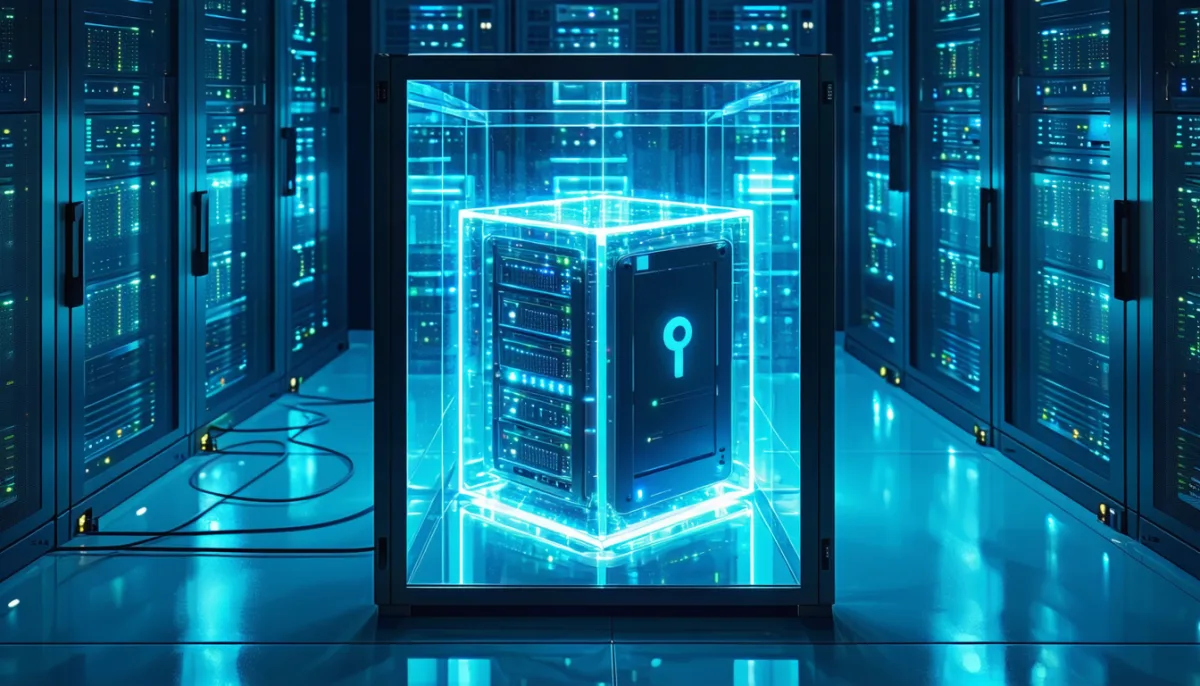 A small glowing program cube inside several nested glass boxes in a server room, with only one narrow window open towards a network cable