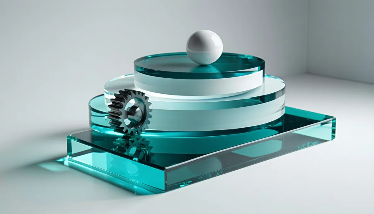 Tiered teal glass pedestals with a small gear and a white sphere, symbolising the three sections of a unit file