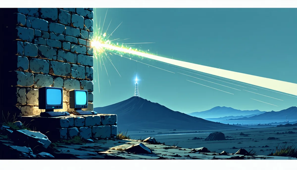A tall stone wall separates two computers; a thin stream of light takes the detour over a distant relay tower on a hill