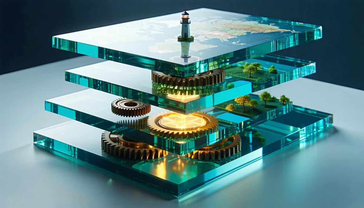 Stacked glass layers: a compact glowing engine at the bottom, gears, a key ring, a small lighthouse and a map above it, all built on the same engine