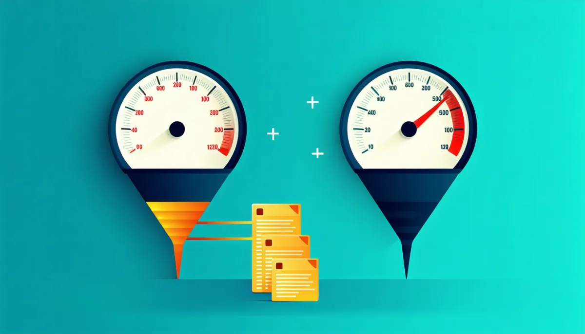 Two speed gauges side by side with markedly different needle positions, file icons flowing through a funnel beside them