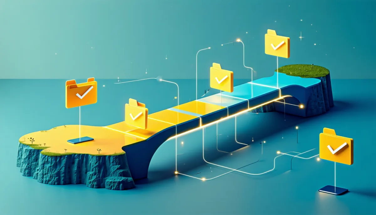 Bridge of glowing blocks connecting a yellow island to a blue one, with files crossing one at a time carrying checkmarks