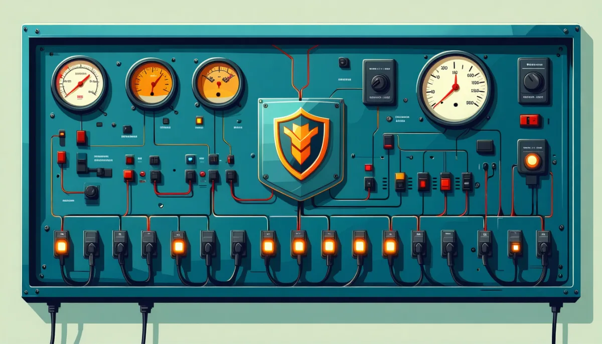 Control panel with a row of toggle switches, several glowing on, wired to a central shield core