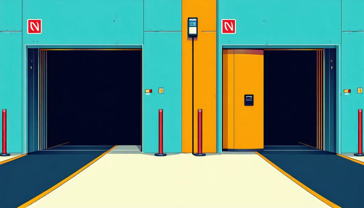 Two gates side by side, the left wide open with objects streaming through unchecked, the right with a scanner checkpoint inspecting each item before letting it pass