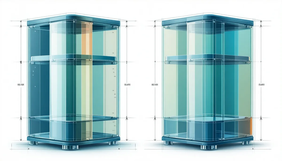 Two similar translucent blueprint containers compared side by side, the left one extensible with additional layers merging in, the right one a sealed single unit, a balance scale between them