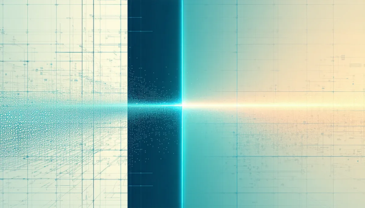 A glowing vertical boundary between an orderly blueprint world on the left and a chaotic stream of raw unverified data arriving from the right, with a filter membrane at the border catching malformed items