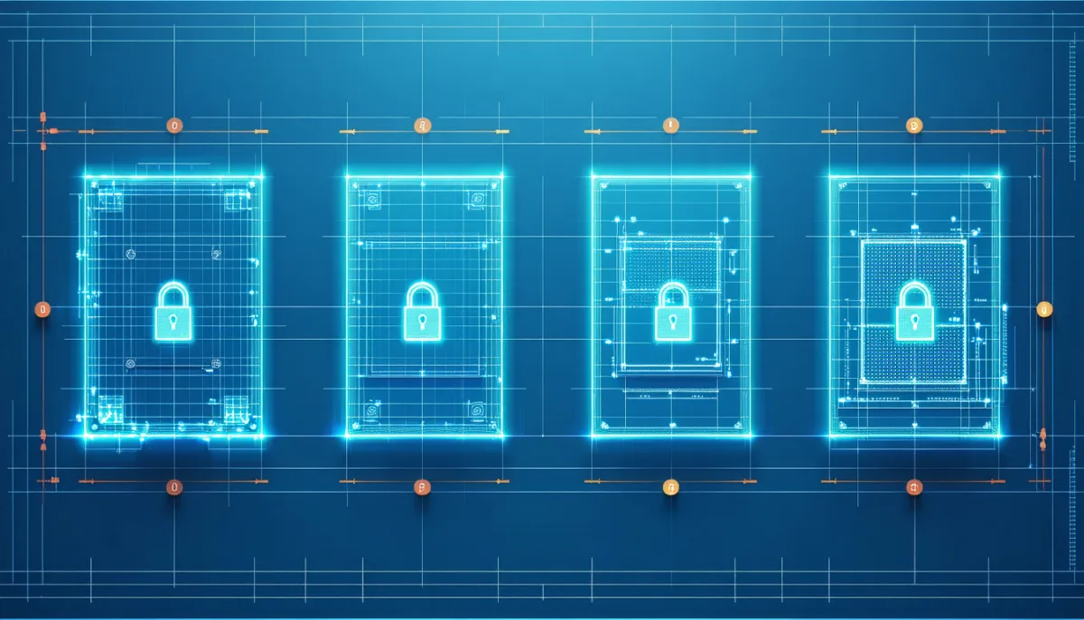 A master blueprint transformed by glowing tools into four smaller derived blueprints, one removing parts, one making parts optional, one locking parts with padlocks