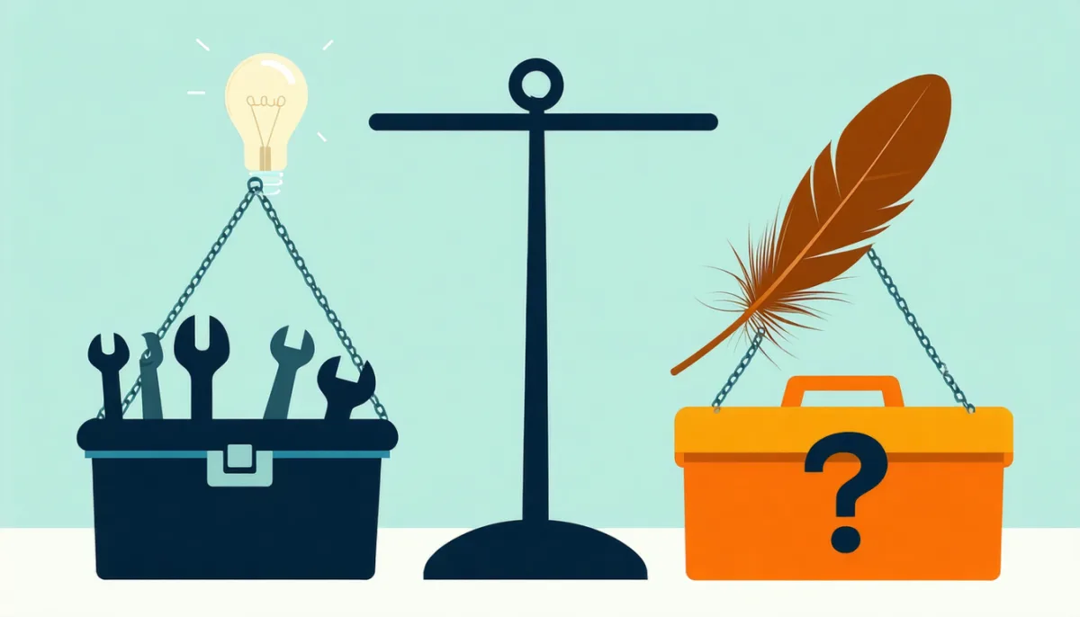 A balance scale weighing a heavy toolbox against a single light feather, with a stop sign and question mark nearby