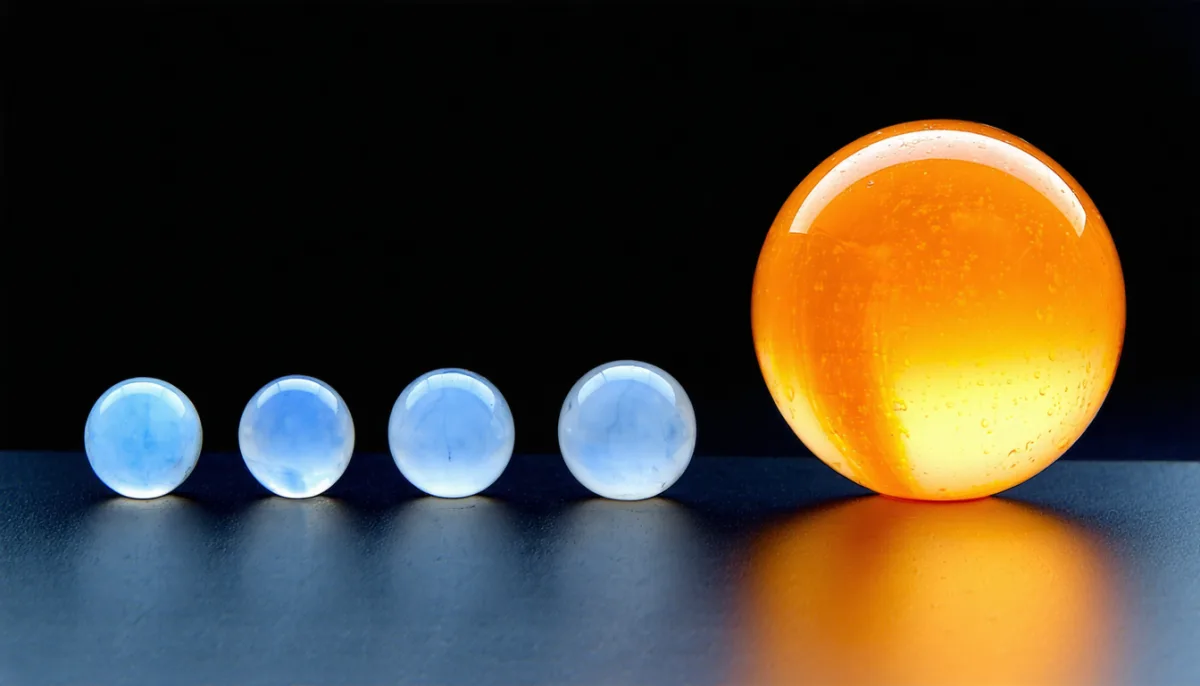 Four small blue spheres beside a notably larger glowing amber sphere on a dark surface