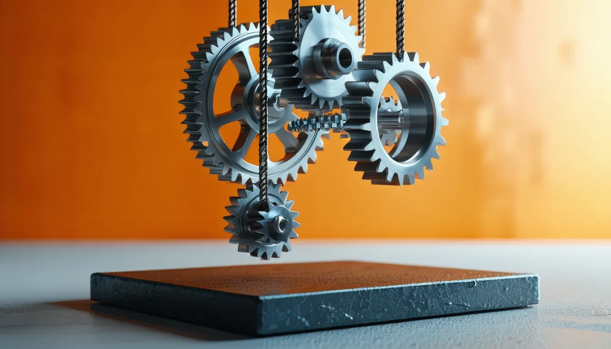 A polished gear assembly lowered by steel cables onto a dark base plate