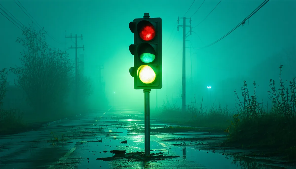 A green traffic light in dense fog above a road that ends in darkness