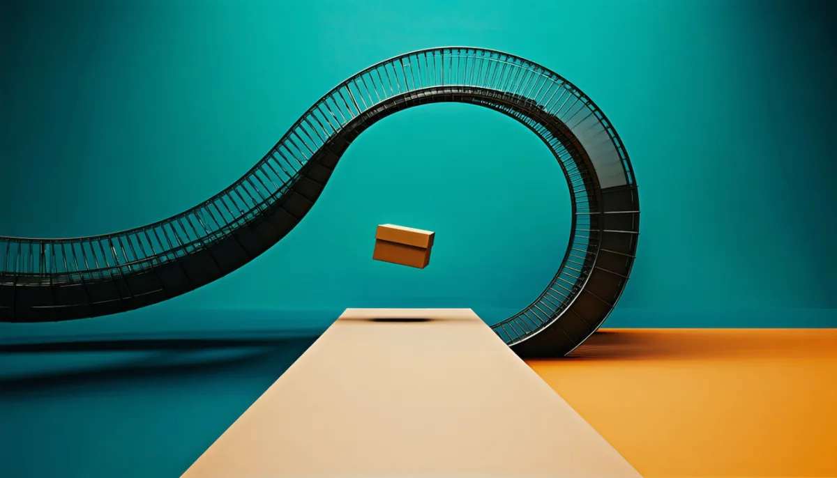 A dark bridge curving into a closed loop next to a straight path