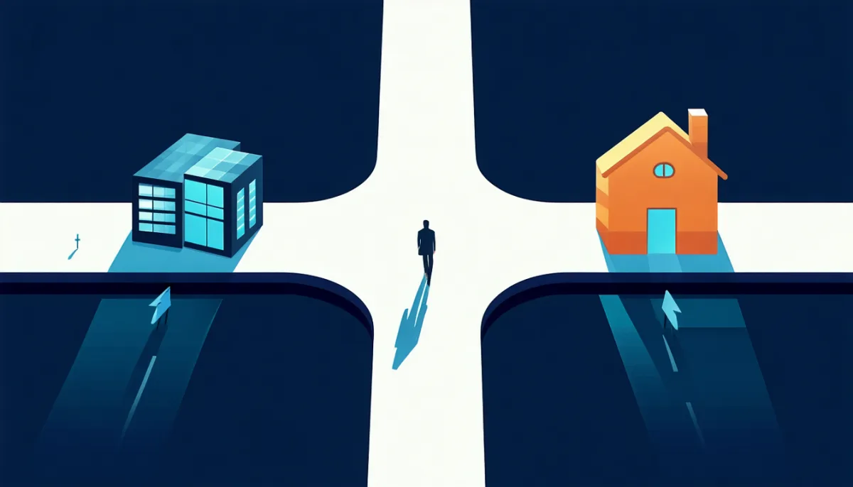 A fork in the road, a modern building on one side and a familiar house on the other