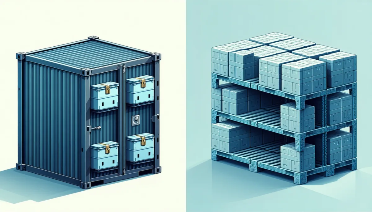 Comparison: on the left a sealed container with its own supplies, on the right an open shelf of interlocking standard bricks