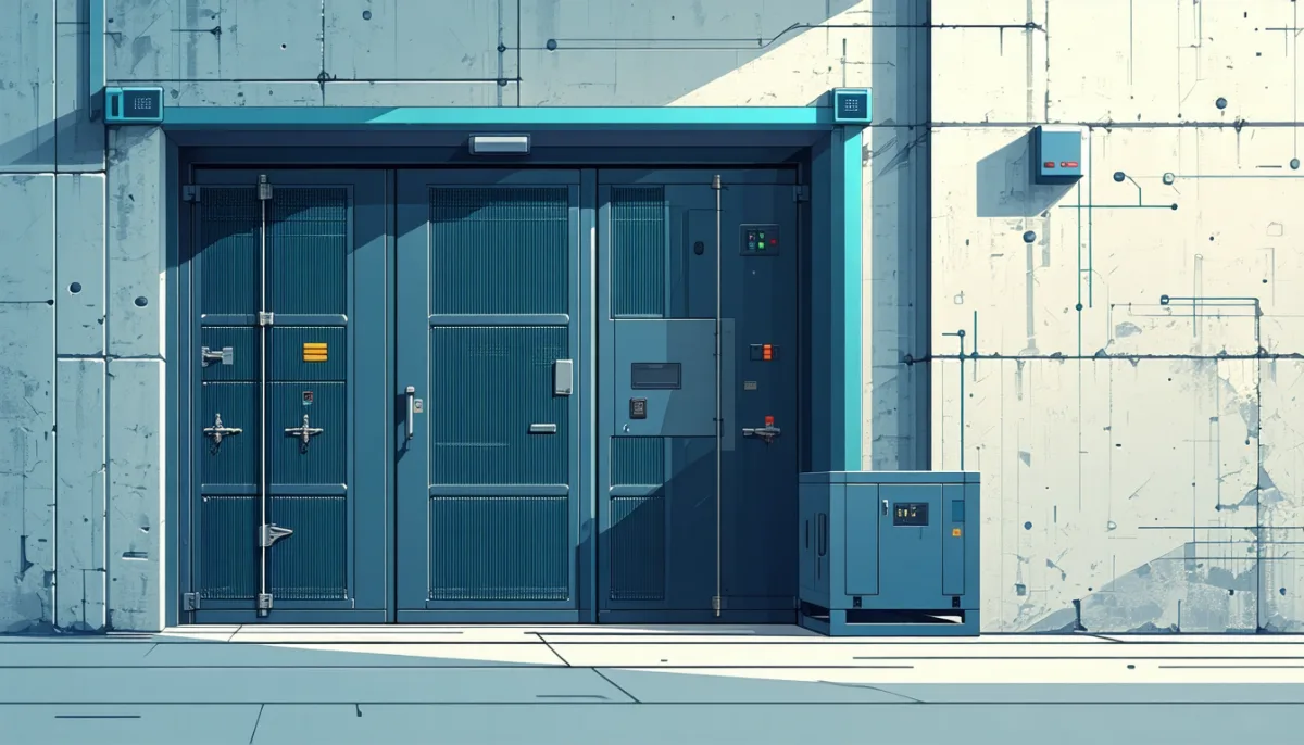 A firmly locked main gate while a small side door in the same wall stands open and a container crate slides through