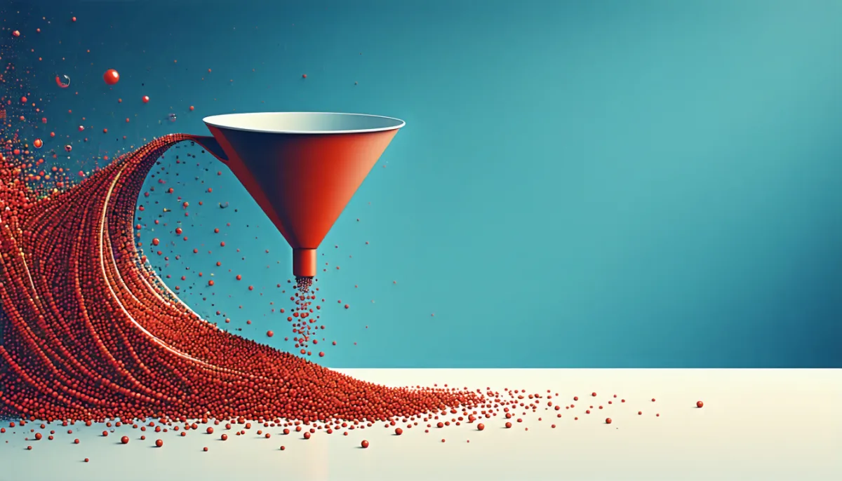 A large stream of red particles flowing past a small funnel that catches only a thin trickle into a notebook