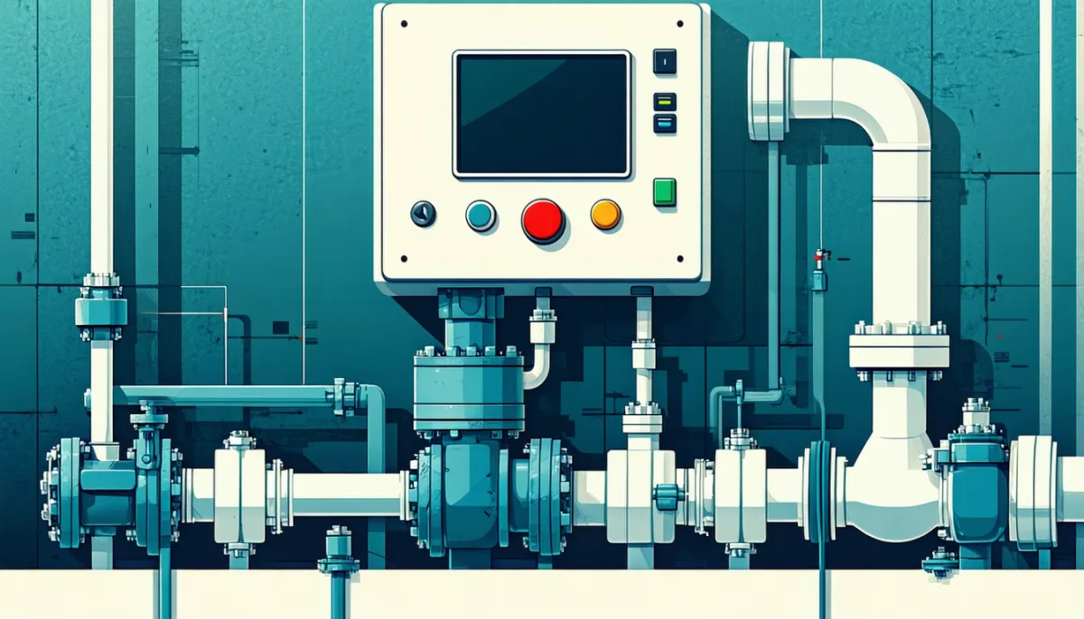 A simple control panel sitting on top of a complex machine of pipes and valves, connected by clean cables