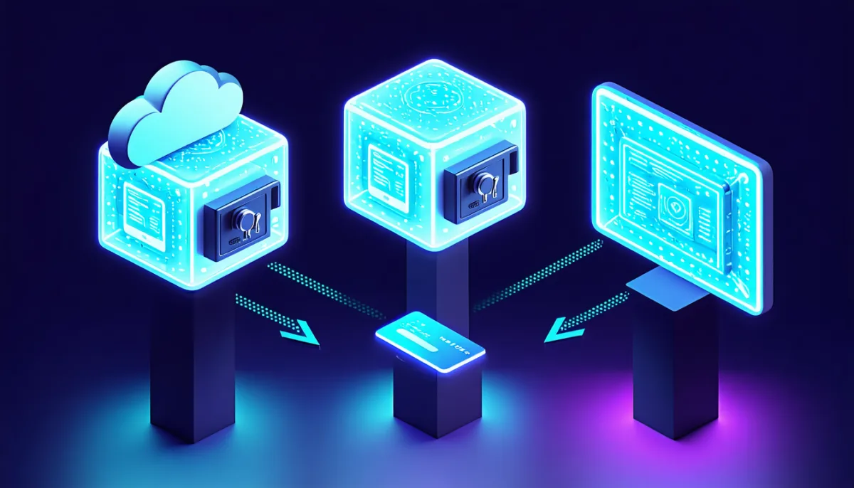 Three copies of a glowing vault cube on different shelves and in a cloud