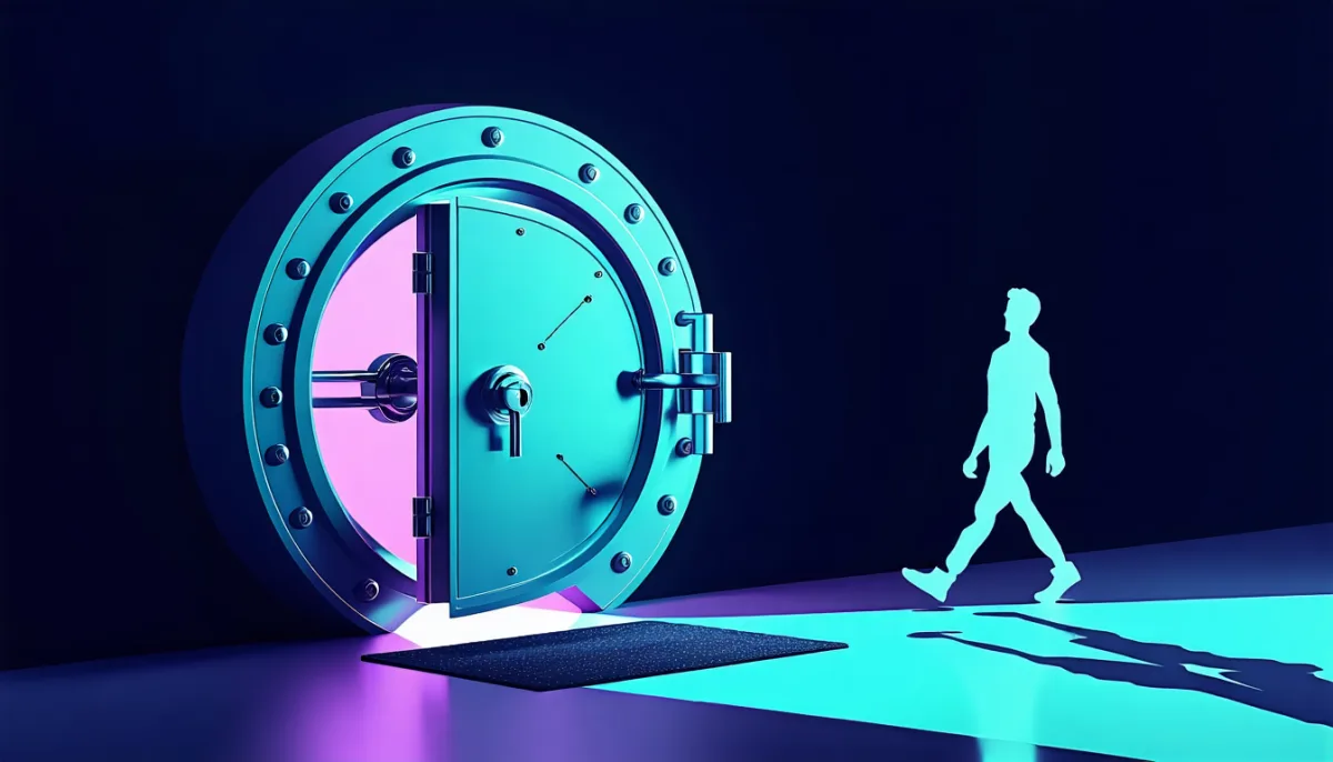 An open vault door with a stranger's silhouette walking in