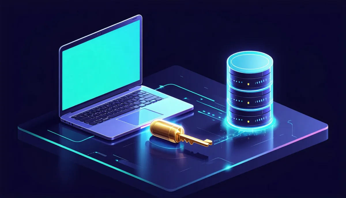 A laptop sealing a golden key into an opaque capsule; the server only stores the sealed capsule