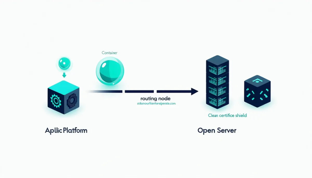 Left-to-right migration pipeline: an application leaves a closed platform bubble and reaches an open server via build, container and certificate stages