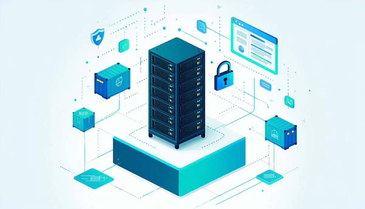 A server rack with orbiting containers and a floating control interface, with padlock and git branch icons nearby