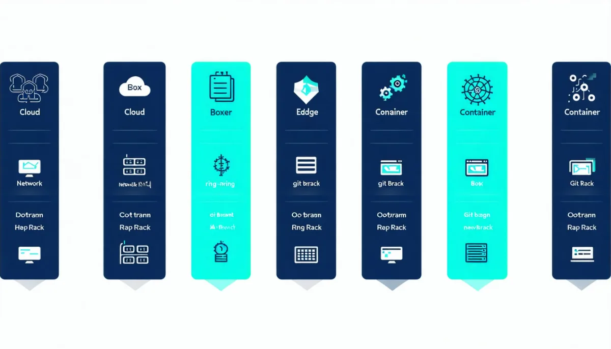 Five platform tiles side by side with abstract symbols for cloud, container, edge network, server rack and git branch