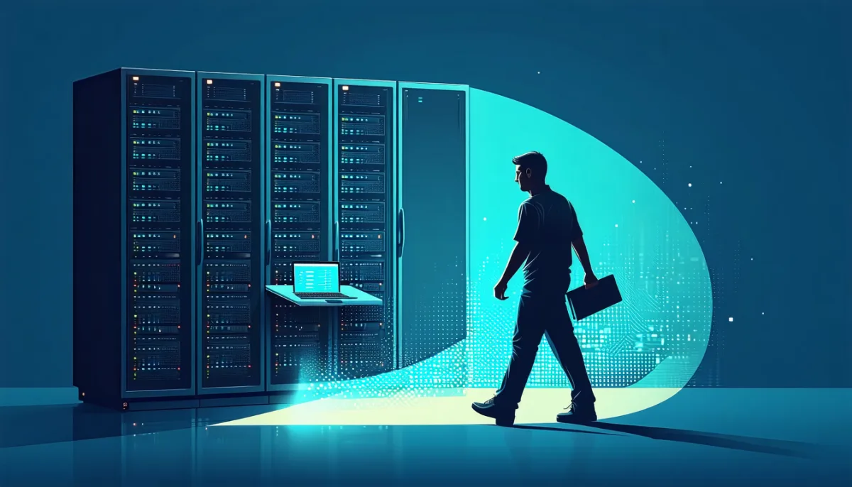 A server rack with one drive pulled out and a warning light, a technician arriving with a replacement part, next to it a virtual machine moving to another host