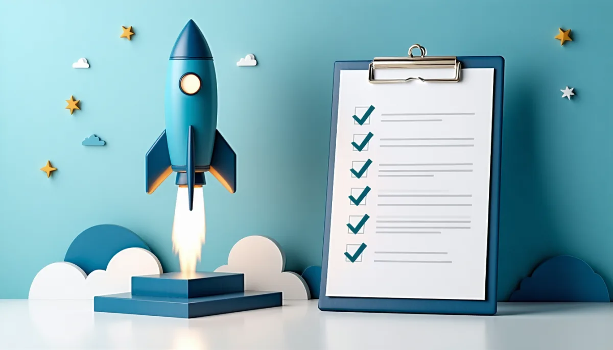 A small server rocket launching next to a clipboard with a ticked checklist