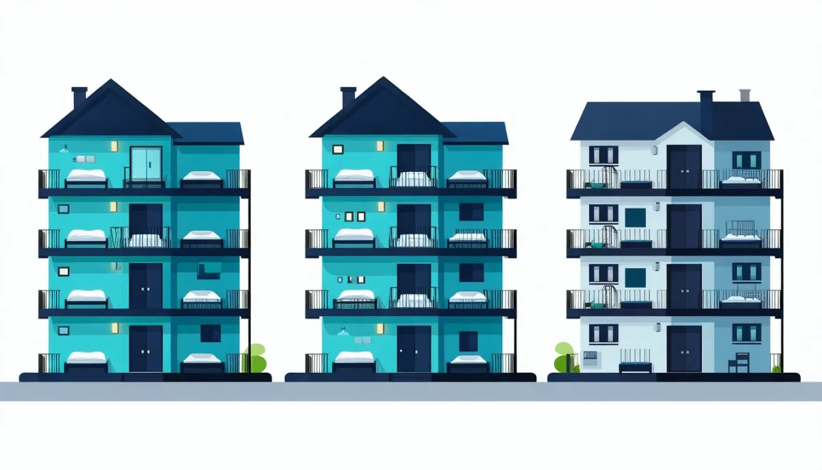 Three buildings: a shared dormitory, an apartment block with locked apartments and a detached house