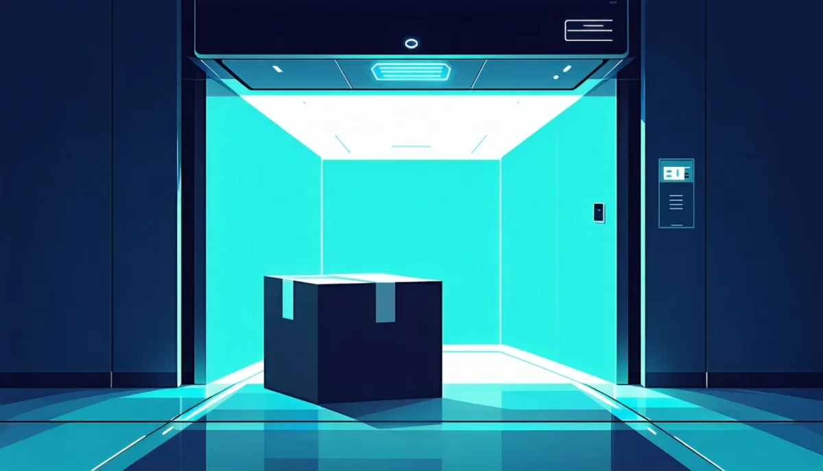 A parcel passing through an inspection gate that scans only the shape of the box while the contents stay in shadow