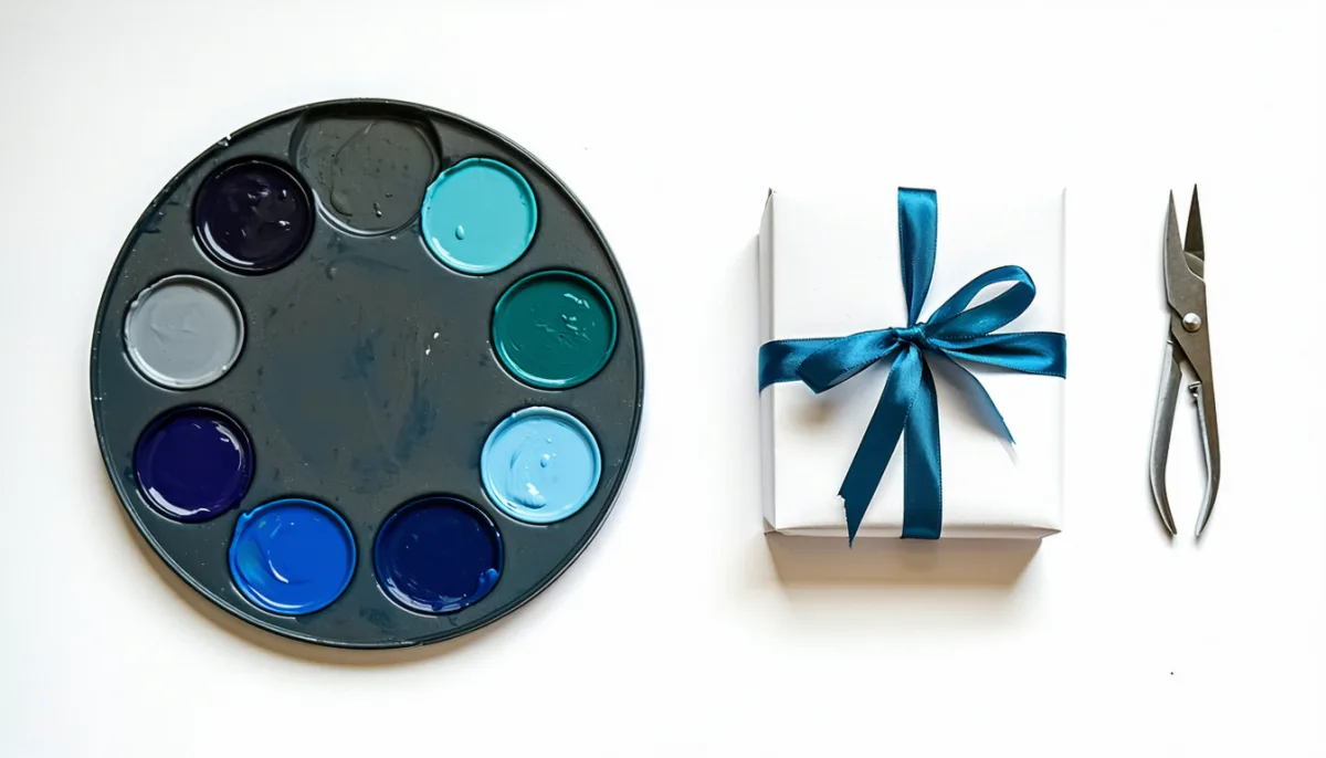 A colour palette, calipers and a small tied parcel on a work surface