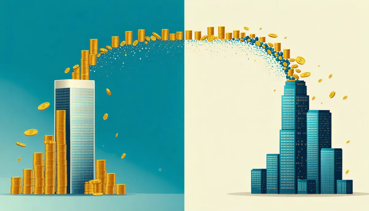 Illustration of browser funding models: a large corporate money stream flowing into one organisation versus many small individual donations into another