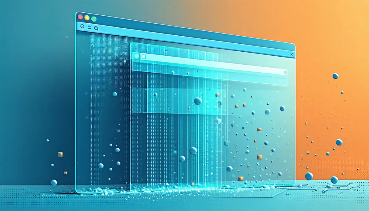 A browser window acting as a shield, deflecting streams of tracking dots and fingerprinting patterns