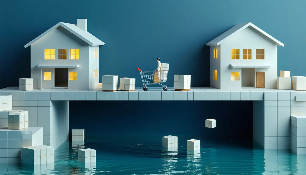 A person pushing a cart of crates across a bridge from a small house to a larger one, some crates falling into the water