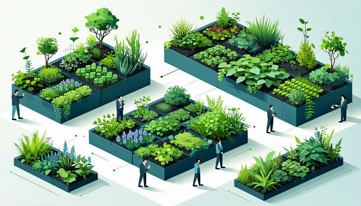 Several small gardens side by side tended by different numbers of gardeners, one by a large group, one by a single person