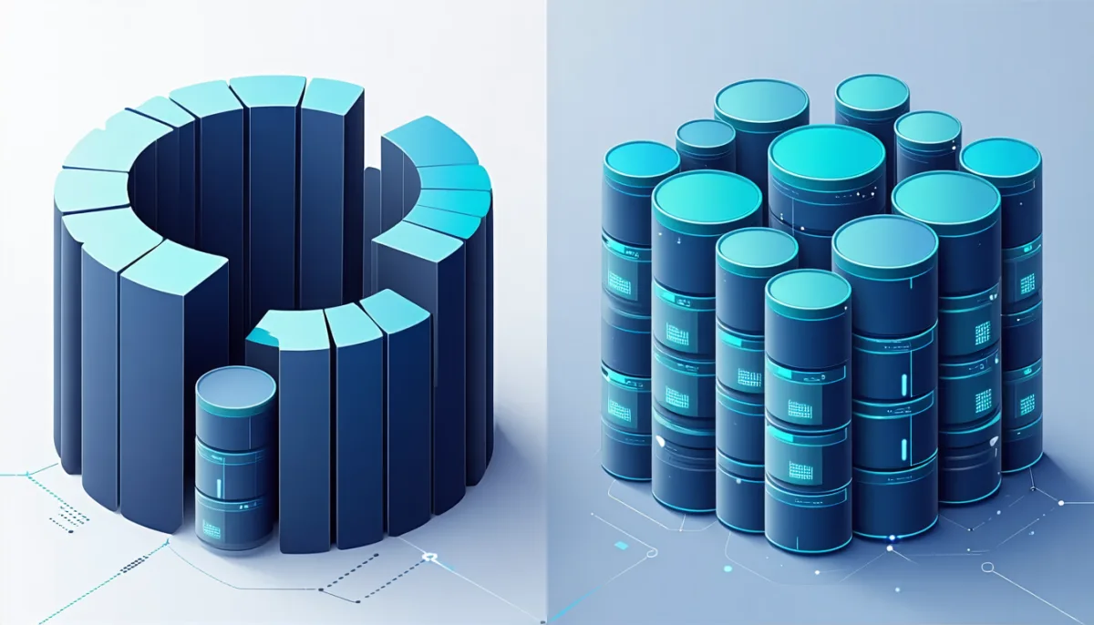 On the left a compact database with a long ribbon of key-value tiles, on the right a cluster of many stacked databases