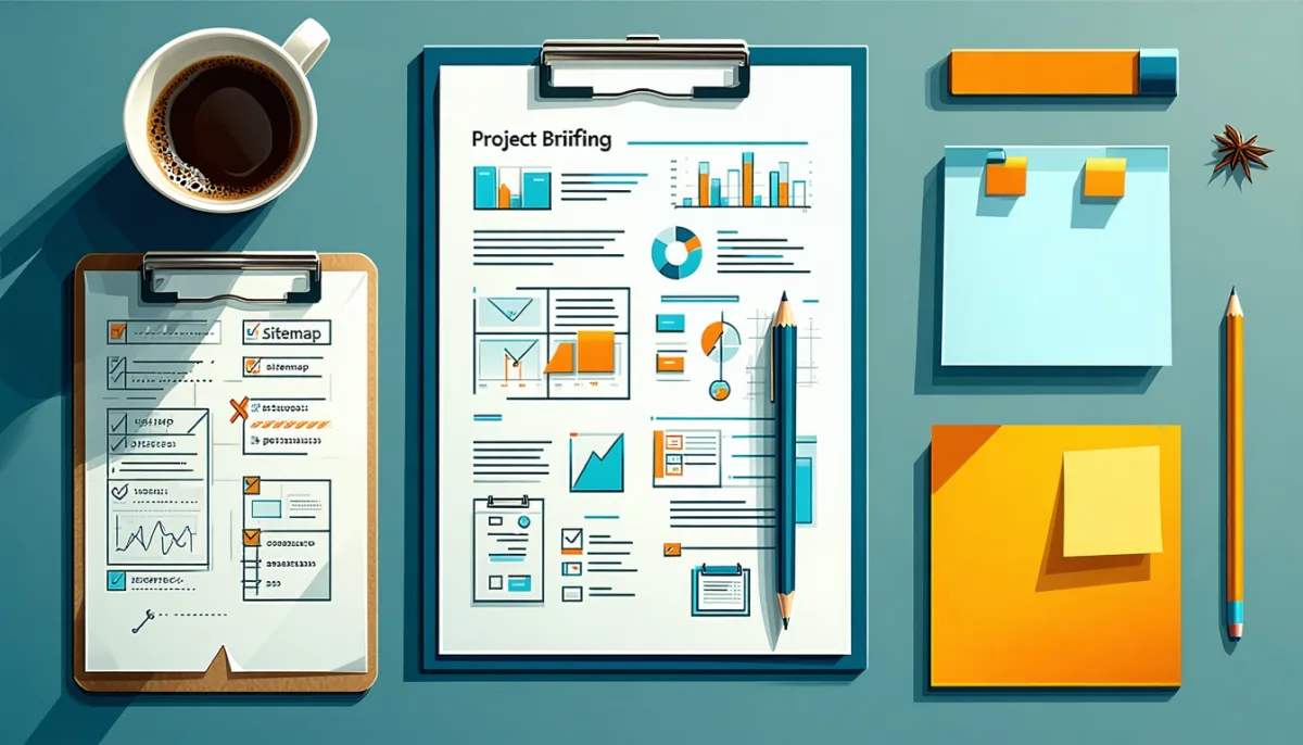 Project briefing with sitemap, wireframes and checklist on a desk