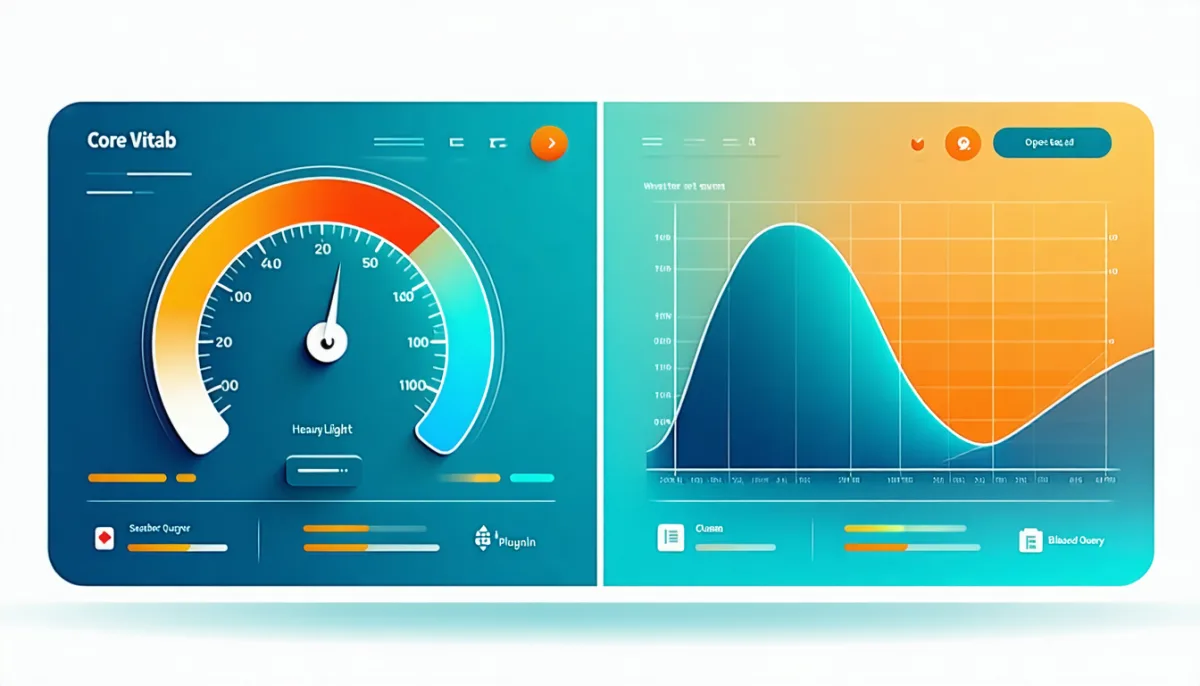 Performance dashboard with core web vitals gauges comparing a lightweight against a bloated plugin