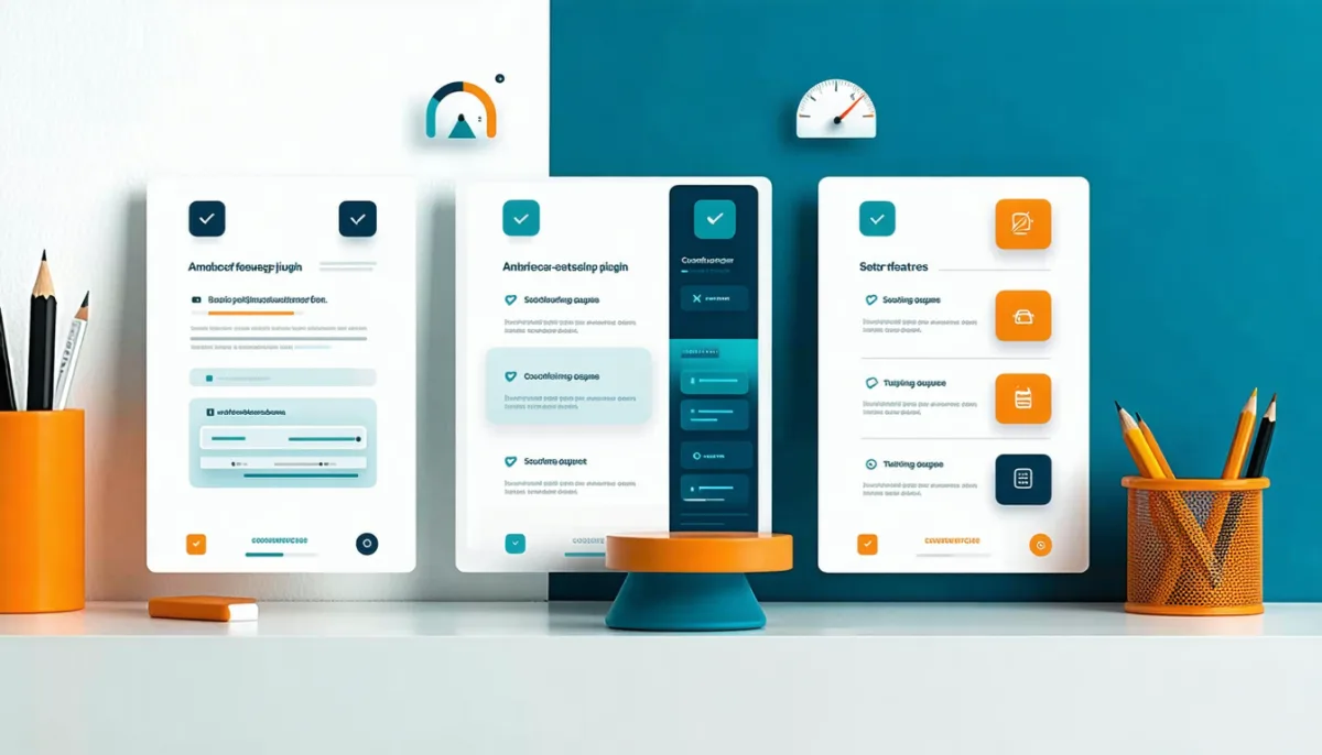 Three plugin cards compared side by side with feature icons and rating gauges