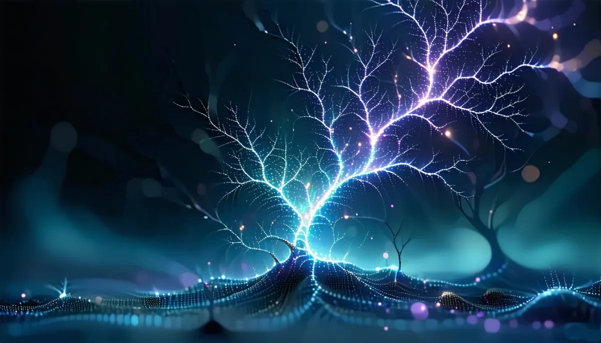 A small glowing seed bursting into a huge fractal explosion of branching light threads