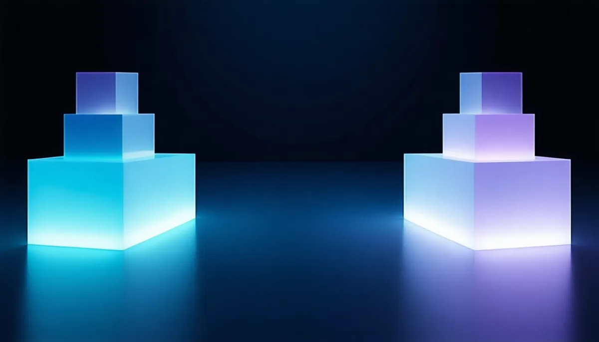 Two glowing geometric pedestals on a dark floor, one holding a stack of cubes, the other thin translucent layers