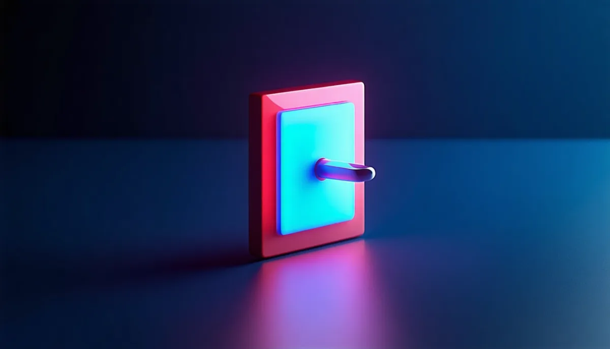 A single glowing toggle switch, half bright and half red, floating in dark space